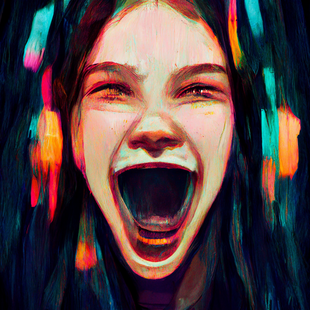 AI-generated painting of a screaming teenage girl