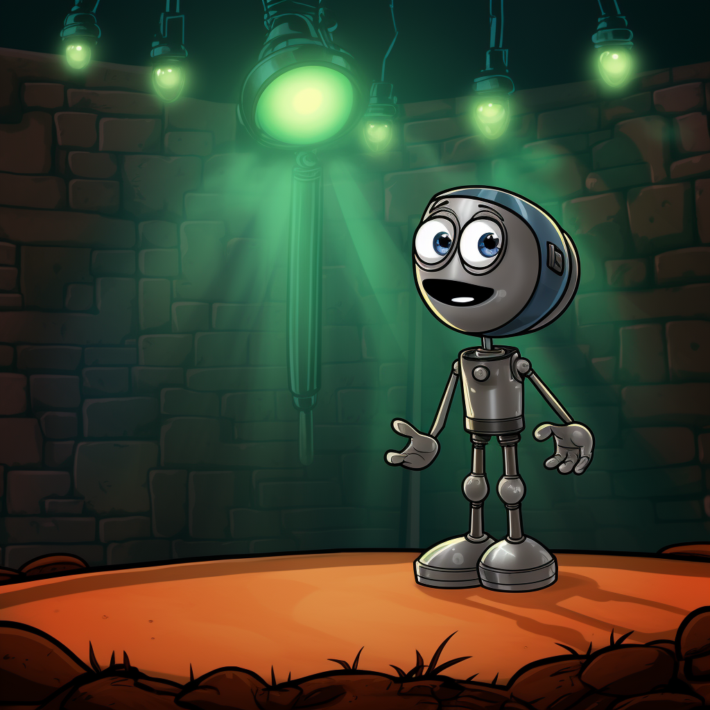 A cartoon robot doing standup comedy. AI-generated.