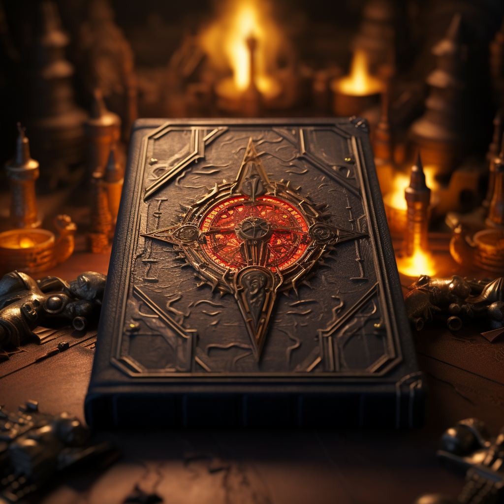 An ornate book in front of a dystopian backdrop. AI-generated.