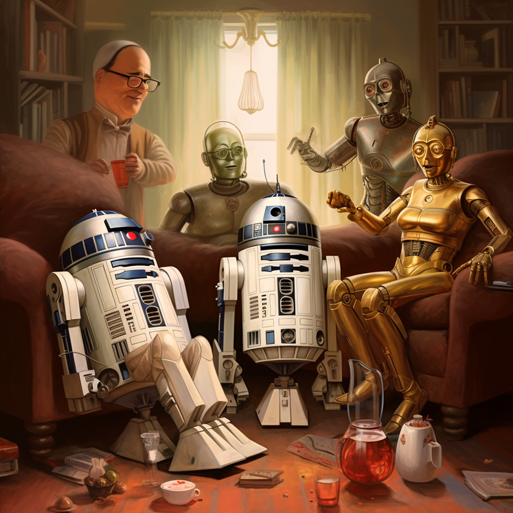 Star Wars-like robots in a therapy session. AI-generated.